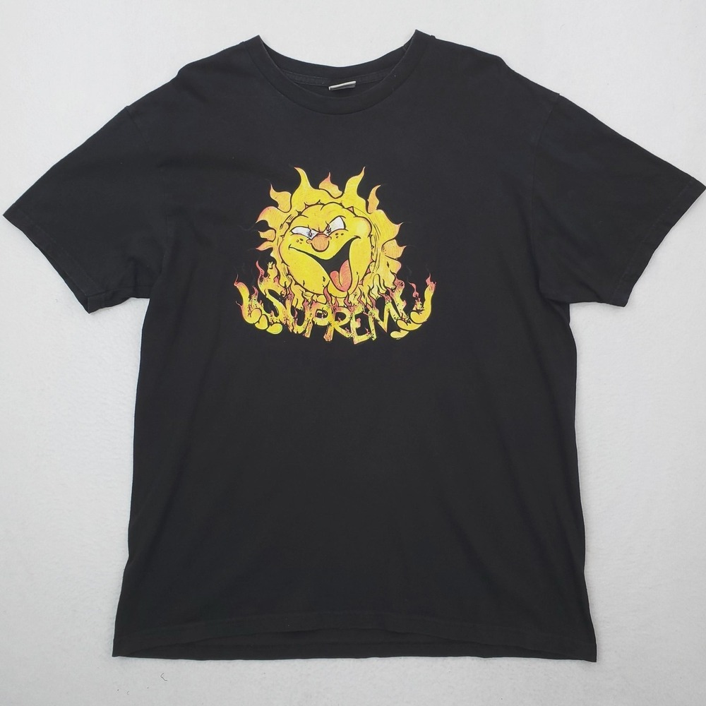 Supreme Shirt Mens Large Black Sun Flame Graphic Streetwear Skate Tee USA MADE